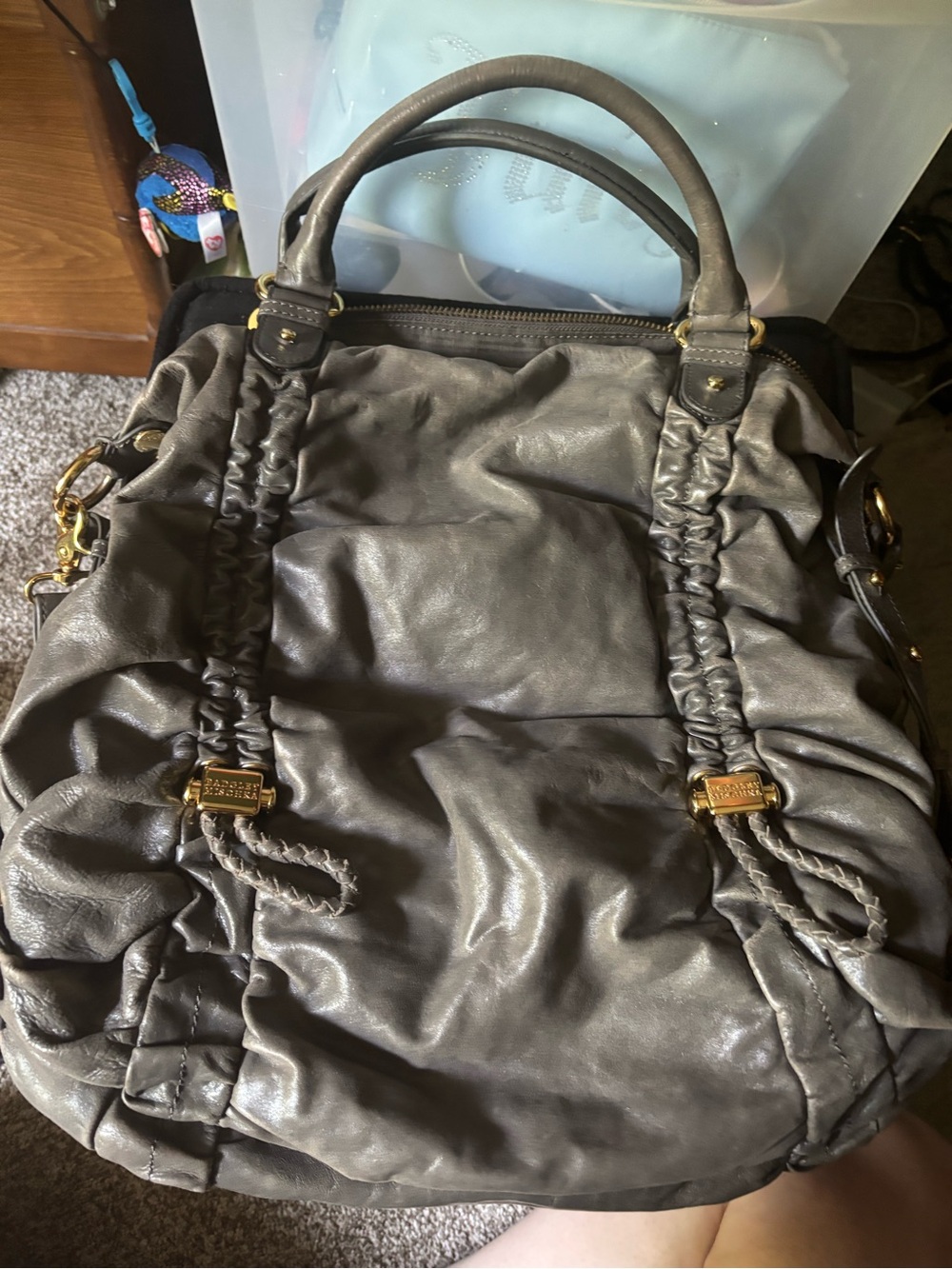 Badgley Mischka Gray Ruched Leather Shoulder Bag with Gold Hardware